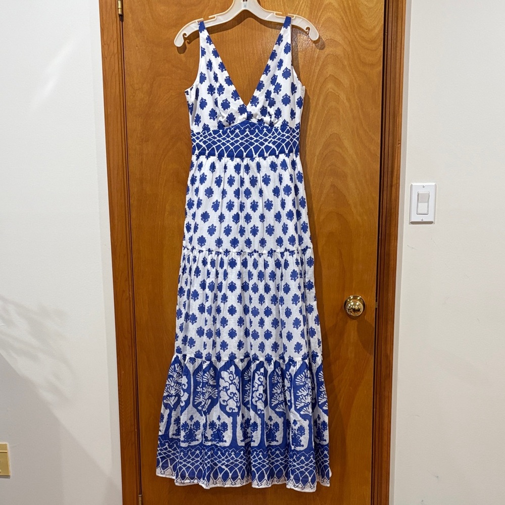 J. Crew Blue and White Printed V-Neck Maxi Dress